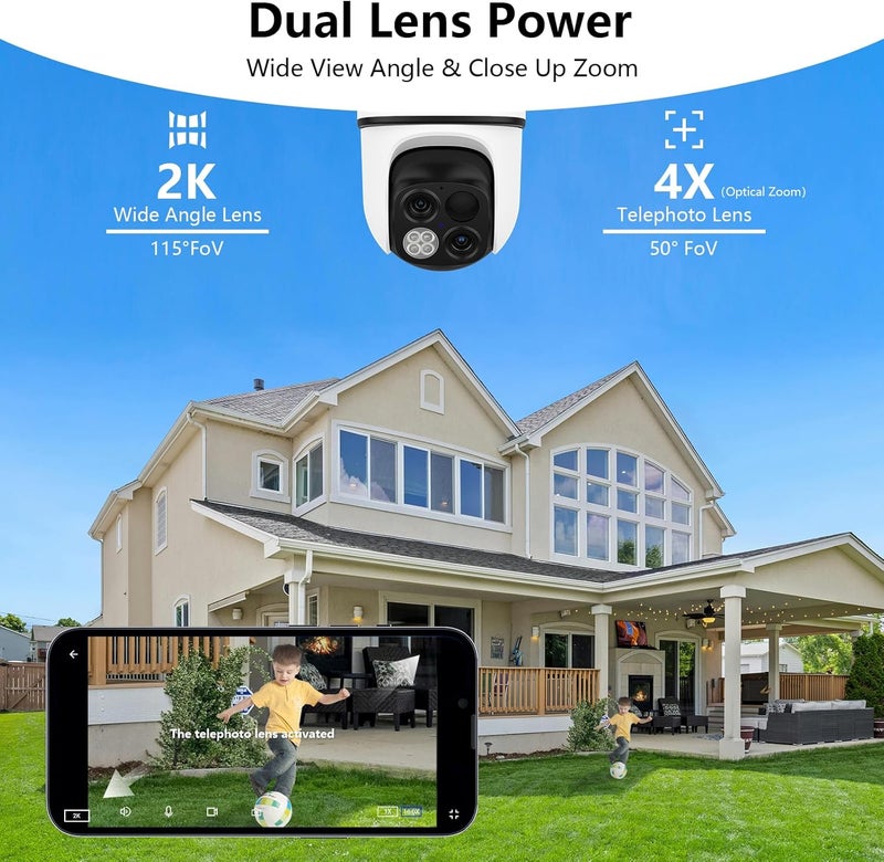 wansview Security Cameras Wireless Outdoor-2K Dual Lens Home Security Cameras, 360° View, Solar Panel Battery Powered, Color Night Vision, PIR Sensor, IP65 Waterproof, Work with Alexa, B7 2P White - Image 2
